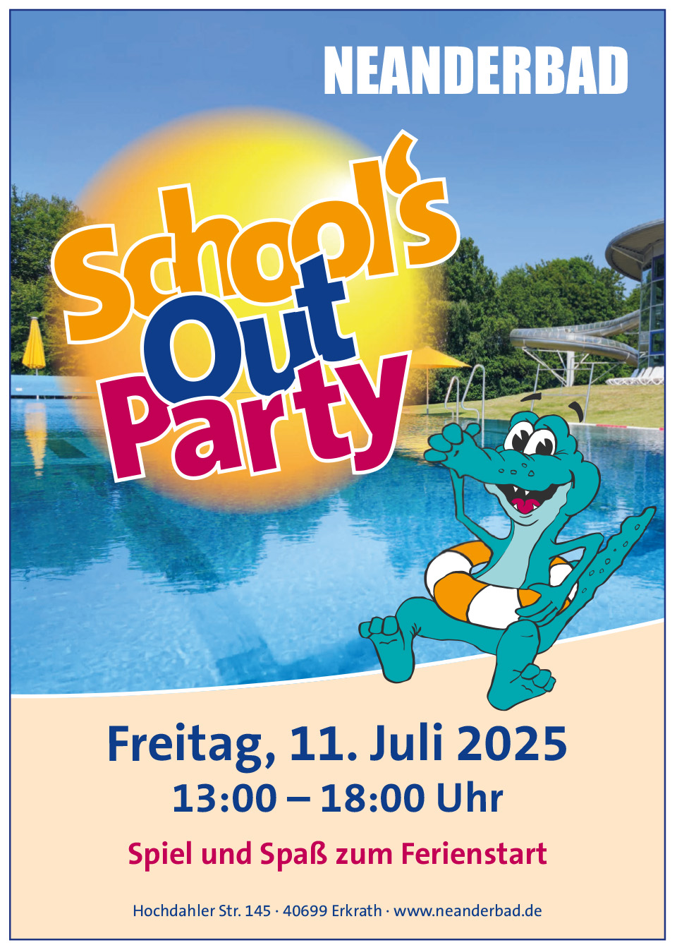 Plakat mit den Informationen zur • School’s Out Party im Neanderbad am 11. Juli 2025