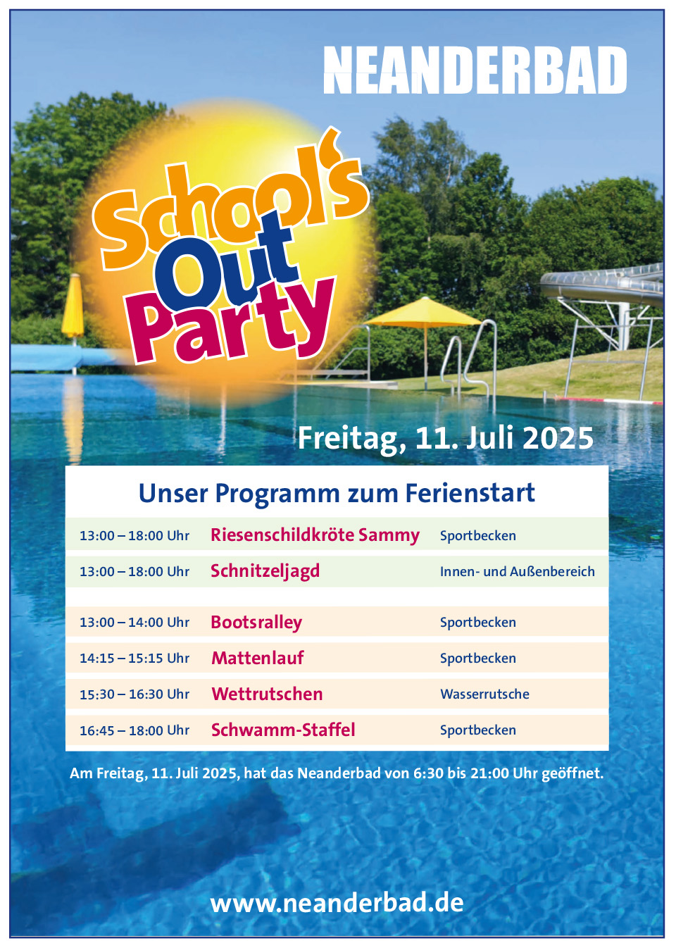 Programm • School’s Out Party im Neanderbad am 11. Juli 2025
